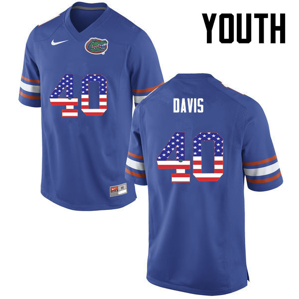 Youth Florida Gators #40 Jarrad Davis College Football USA Flag Fashion Jerseys-Blue - Click Image to Close